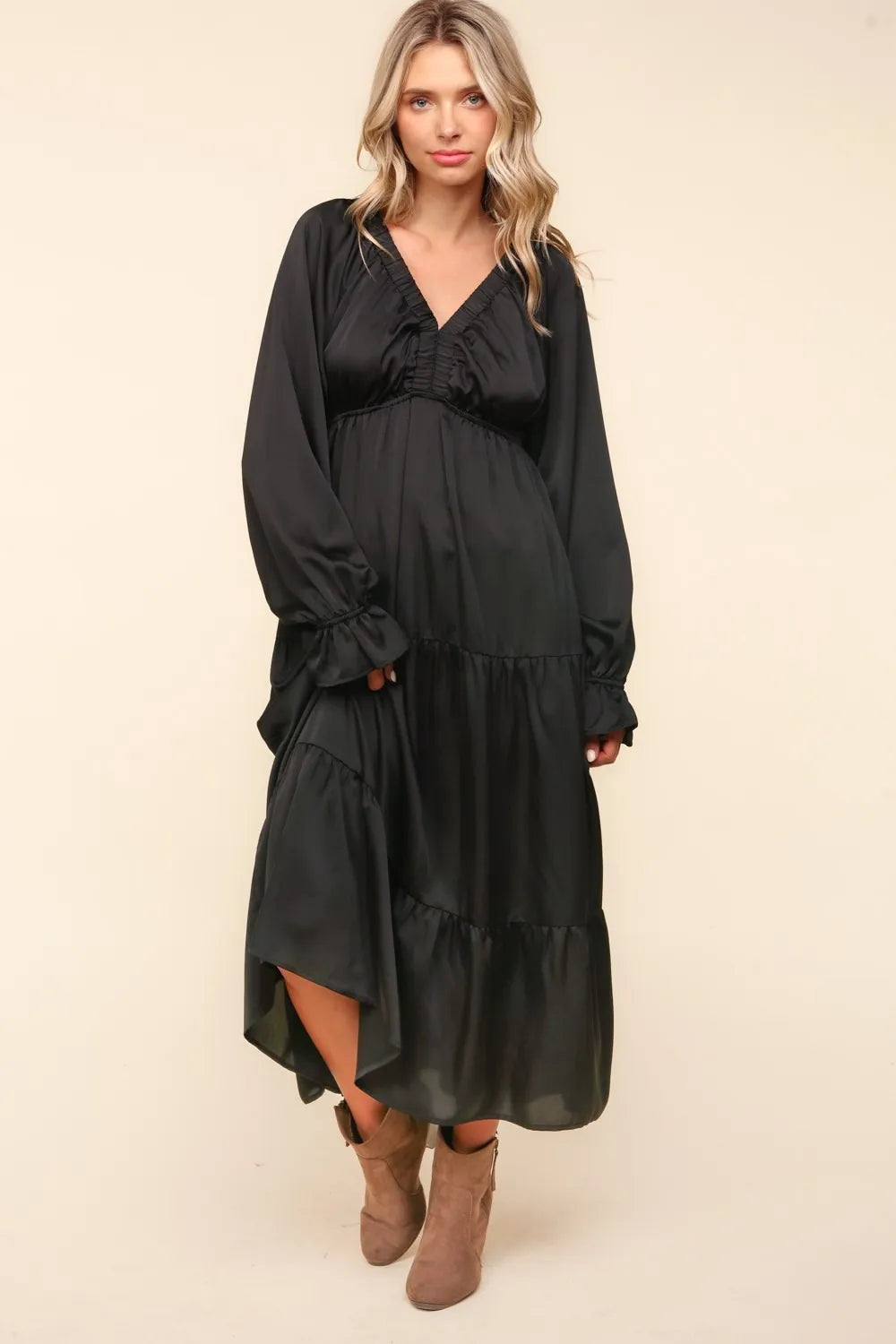 Image of Haptics Flounce Sleeve Tiered Midi Dress with Pockets | Queeble.shop