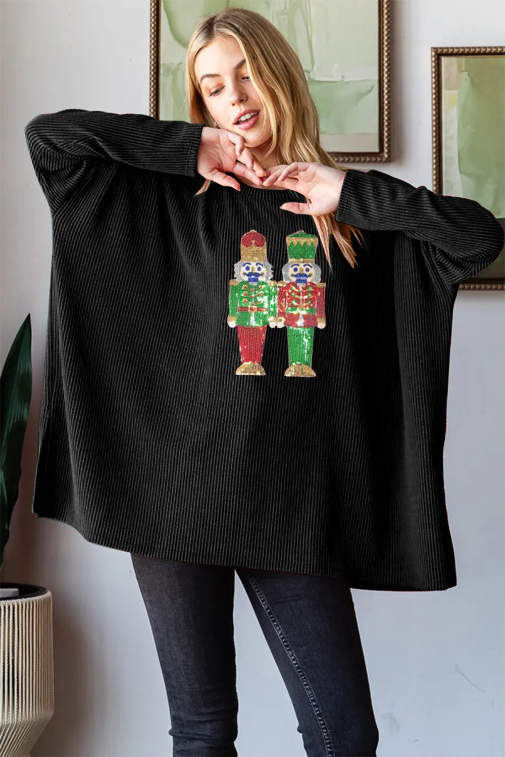 Image of Heimish Sequin Nutcracker Long Sleeve Ribbed Top | Queeble.shop