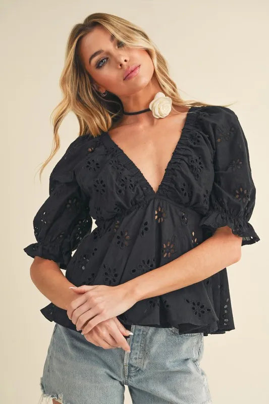 Image of Aemi + Co Eyelet Embroidered V-Neck Half Sleeve Peplum Blouse | Queeble.shop