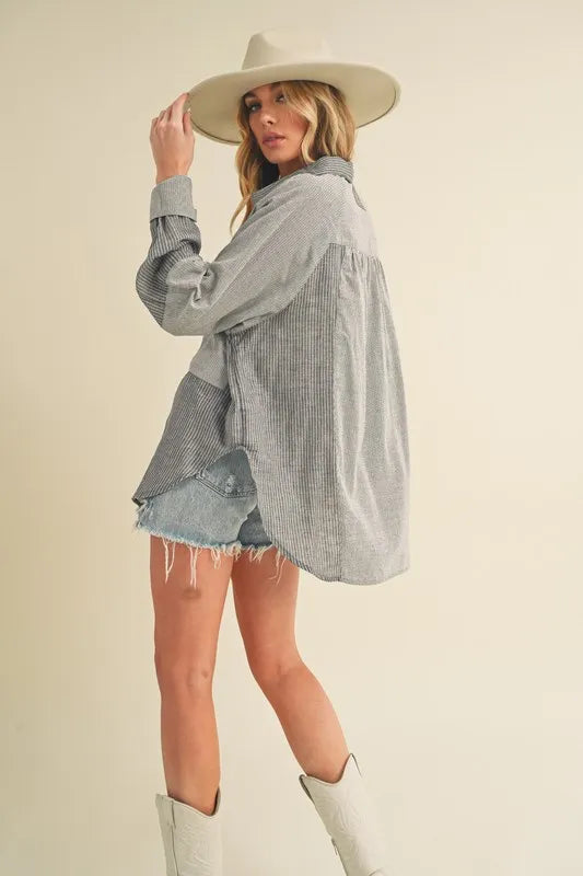 Image of Aemi + Co Striped Collared Neck Lantern Sleeve Shirt | Queeble.shop