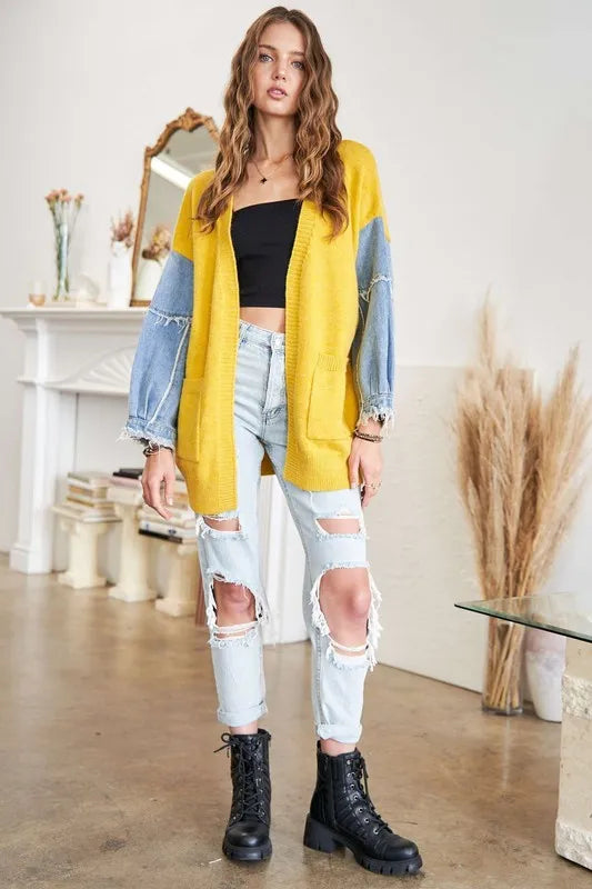 Image of ADORA Full Size Frayed Denim Sleeve Sweater Cardigan Plus Size | Queeble.shop