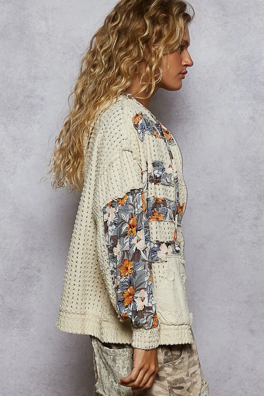 Image of POL Zip Up Floral and Lace Patch Washed Hoodie | Queeble.shop