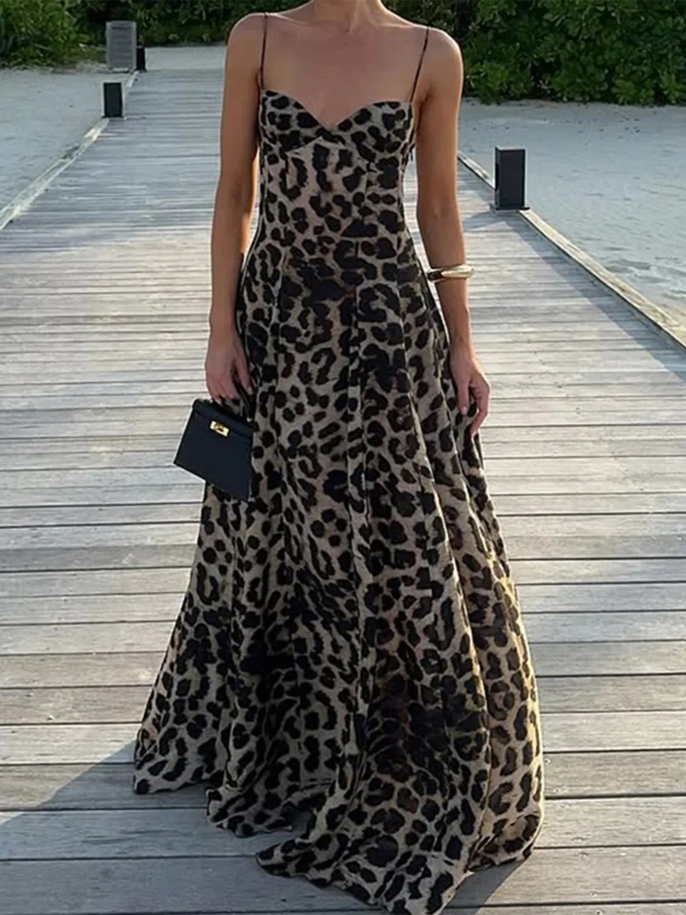 Image of Leopard Print Sweetheart Neck Maxi Cami Dress | Queeble.shop