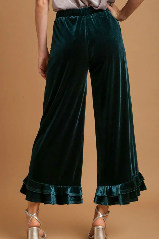 Image of Umgee Full Size Wide Fit Ruffle Velvet Pants with Embroidered Pockets Plus Size | Queeble.shop