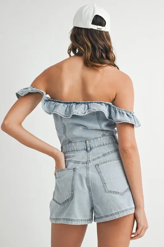 Image of MABLE Off Shoulder Ruffle Detail Denim Romper | Queeble.shop