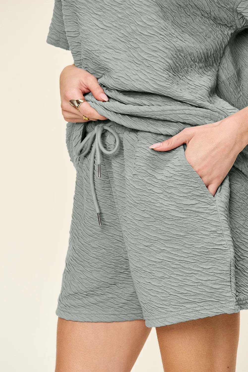 Image of Double Take Full Size Texture Short Sleeve T-Shirt and Drawstring Shorts Set | Queeble.shop