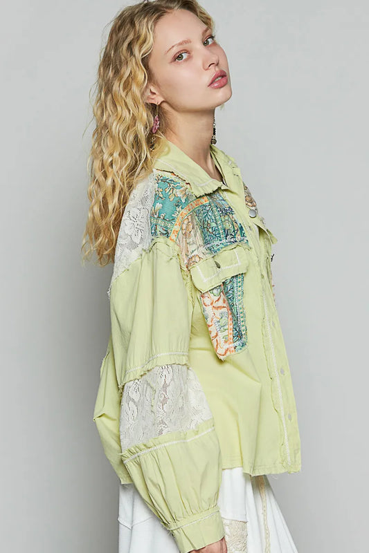 Image of POL Printed Woven Mix Raw Hem Jacket with Lace Detail | Queeble.shop