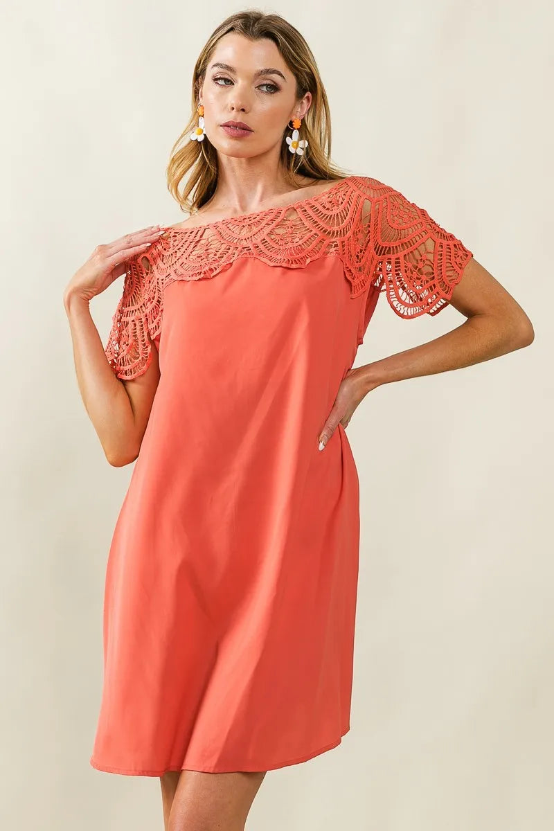 Image of BiBi Crochet Lace Yoke Detailed Wrinkled Dress | Queeble.shop