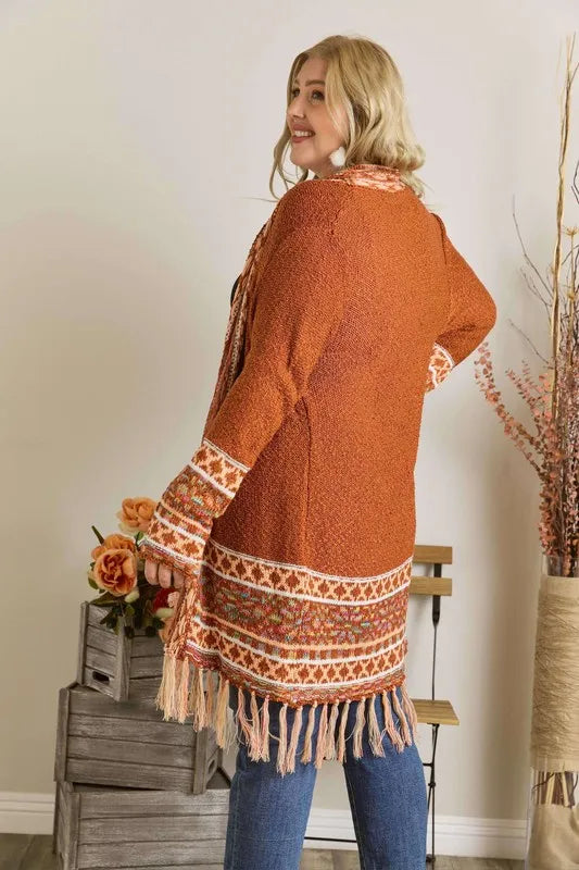 Image of ADORA Full Size Fringe Hem Aztec Border Cardigan Plus Size | Queeble.shop