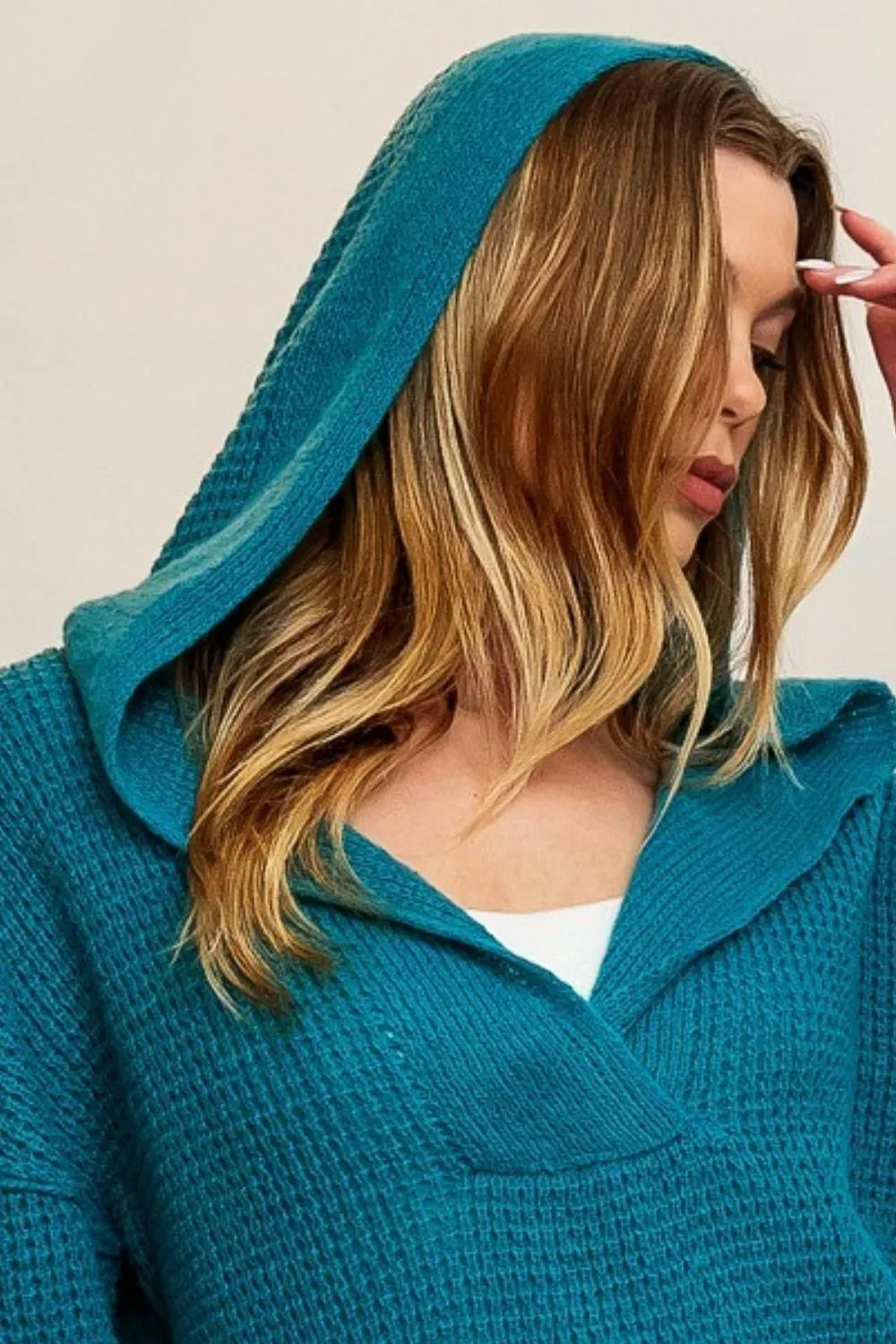 Image of BiBi Raw Edge Detail V-Neck Sweater Hoodie | Queeble.shop