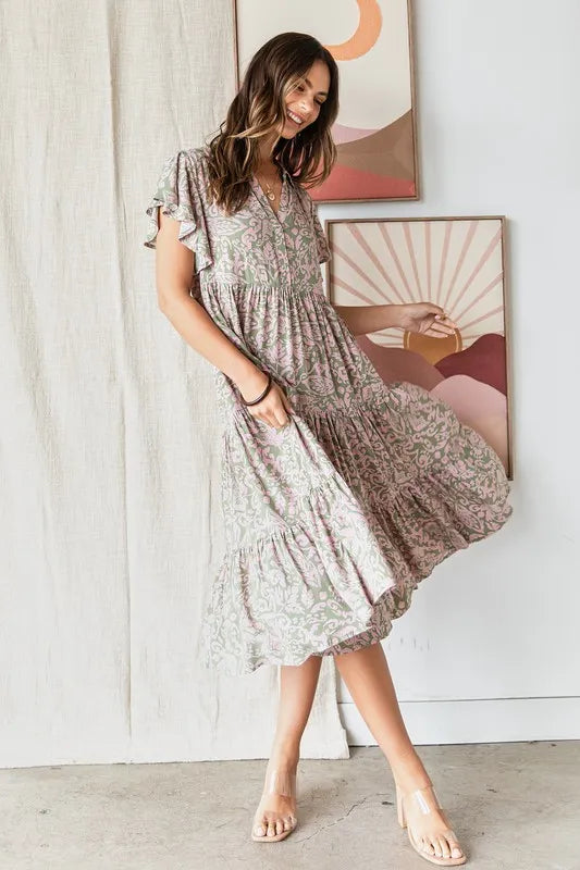 Image of Mittoshop Abstract Print Ruffle Tier Midi Dress | Queeble.shop