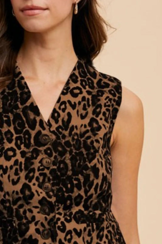 Image of Annie Wear Stretch Leopard Denim Button Down Vest | Queeble.shop