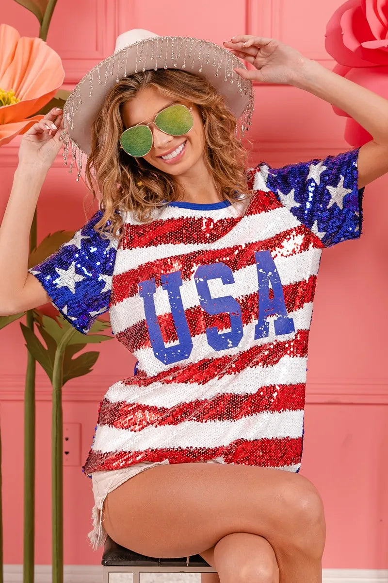 Image of BiBi American Flag Theme USA Lettering Sequin Top | Queeble.shop