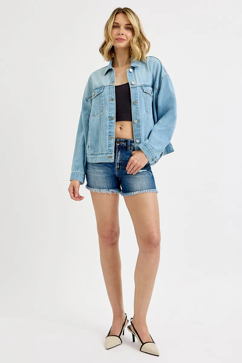 Image of RISEN Washed Dropped Shoulder Denim Jacket | Queeble.shop