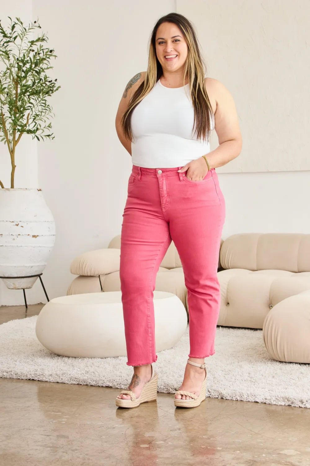 Image of RFM Crop Dylan Full Size Tummy Control High Waist Raw Hem Jeans | Queeble.shop