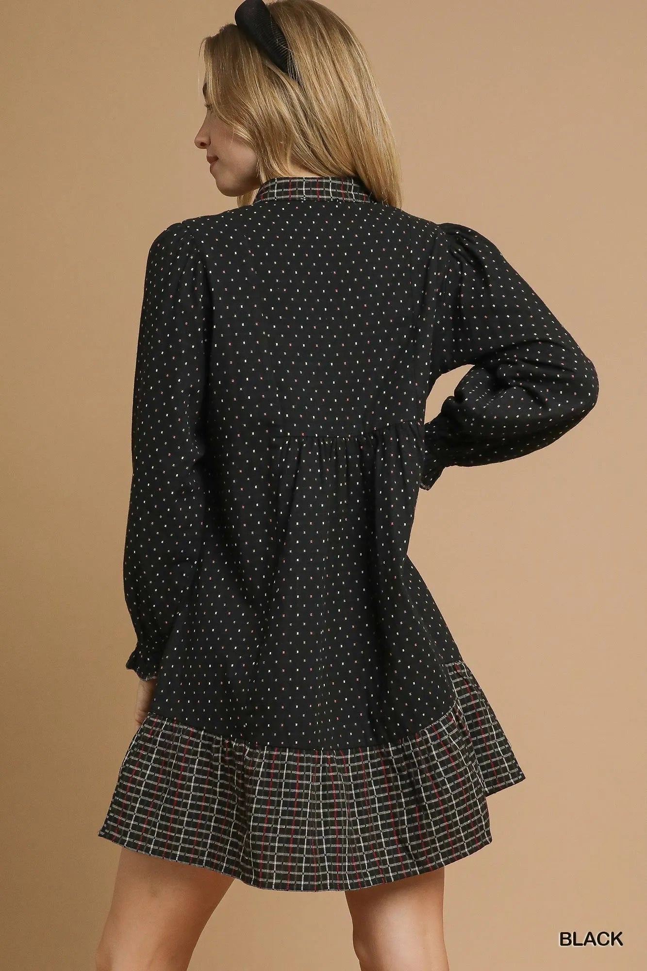 Image of Umgee Polka Dot Plaid Trim Babydoll Dress | Queeble.shop