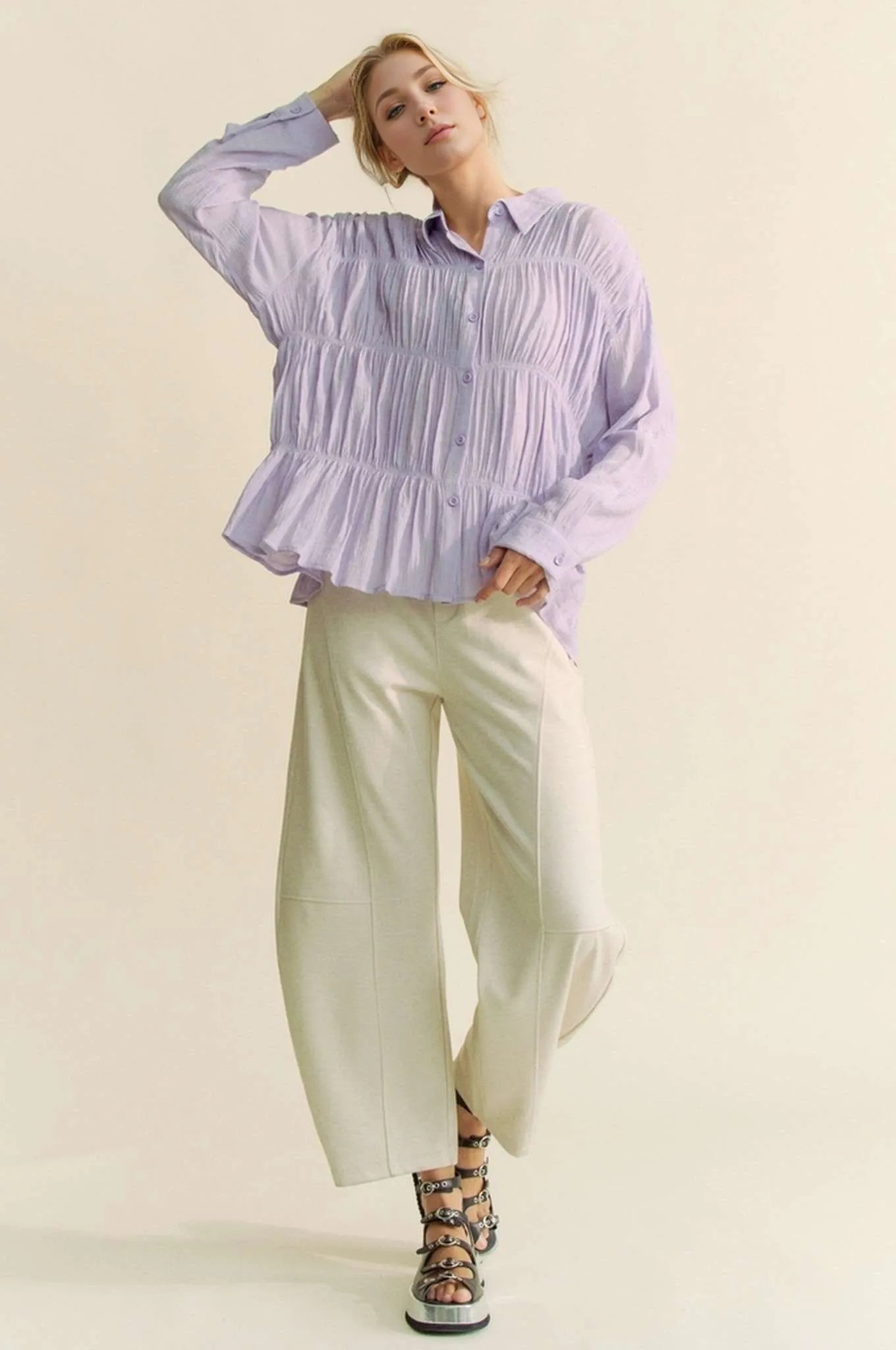 Image of Davi & Dani Ruched All Over Button Front Shirt | Queeble.shop
