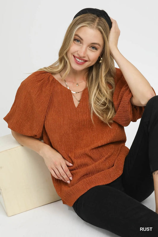 Image of Umgee Textured Flutter Sleeve Notch Neck Top | Queeble.shop