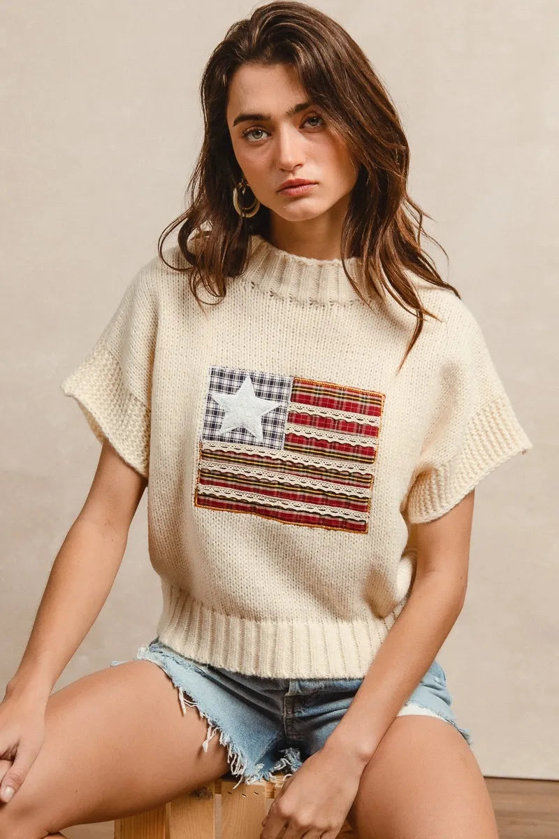 Image of BiBi American Flag Patchwork Drop Shoulder Sweater | Queeble.shop