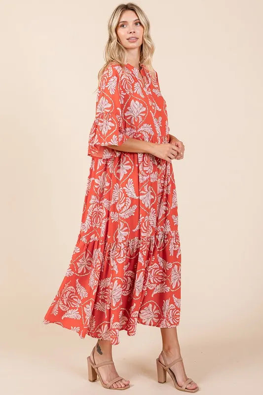 Image of Mittoshop Abstract Leaf Print Tiered Ruffle Dress | Queeble.shop