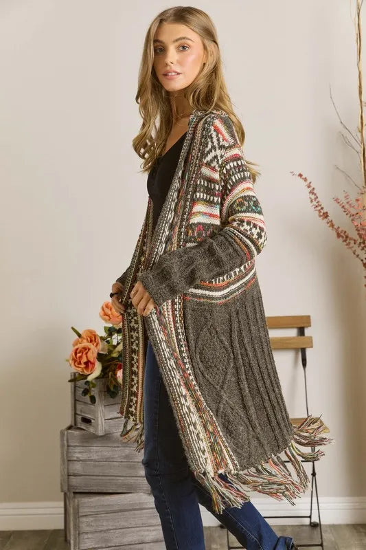 Image of ADORA Full Size Fringe Hem Aztec Cardigan Plus Size | Queeble.shop