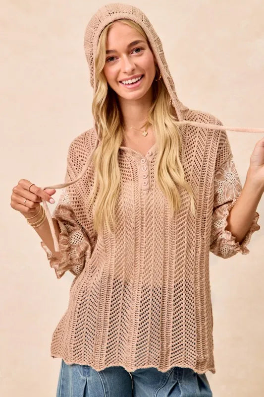 Image of BiBi Jacquard Flower Puff Sleeve Hooded Knit Top | Queeble.shop