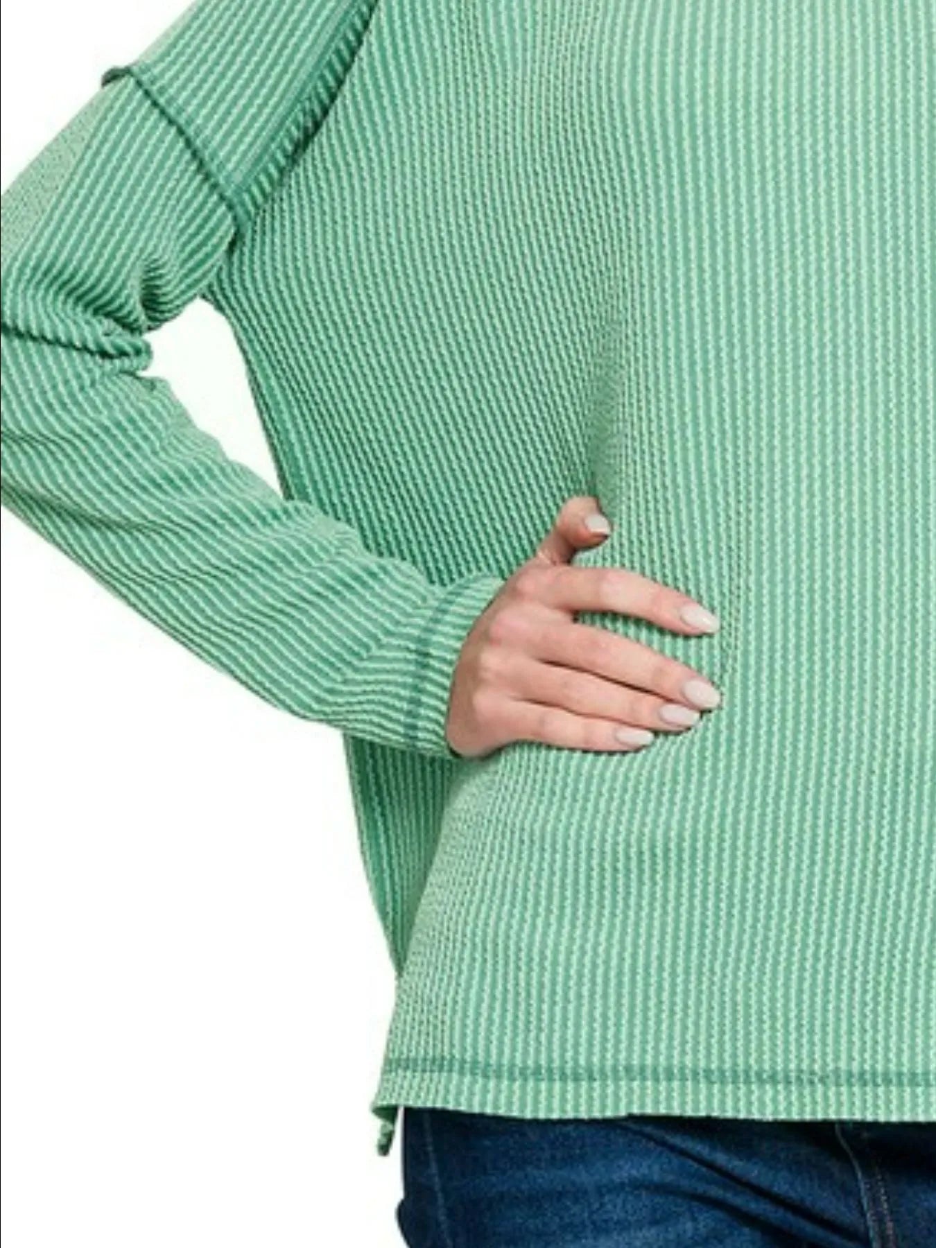 Image of Zenana Exposed Seam Long Sleeve Corded Rib Knit Top | Queeble.shop