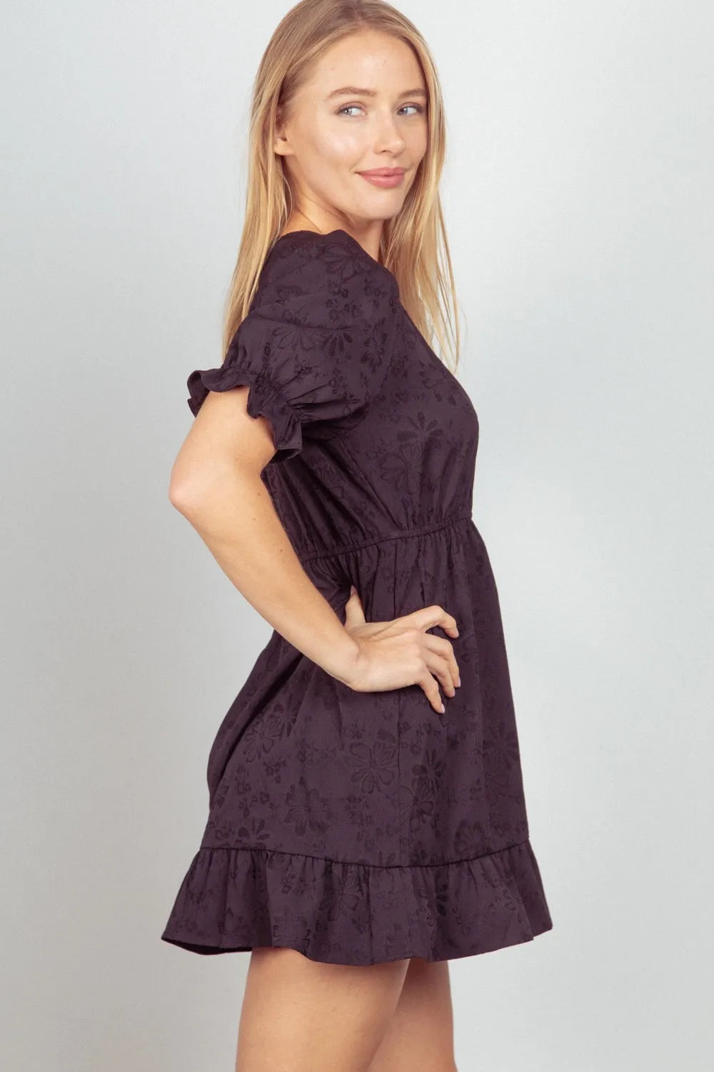Image of VERY J Floral Textured Woven Ruffled Mini Dress | Queeble.shop
