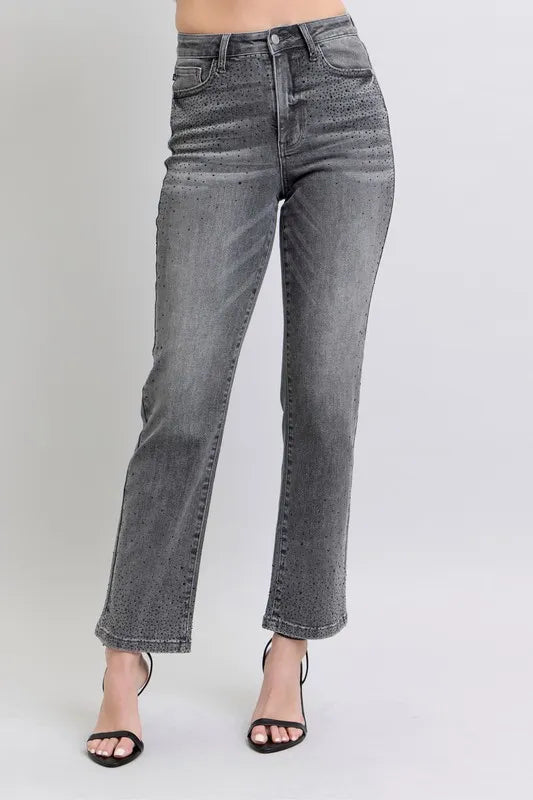 Image of Judy Blue Full Size High Waist Rhinestone Straight Jeans Plus Size | Queeble.shop