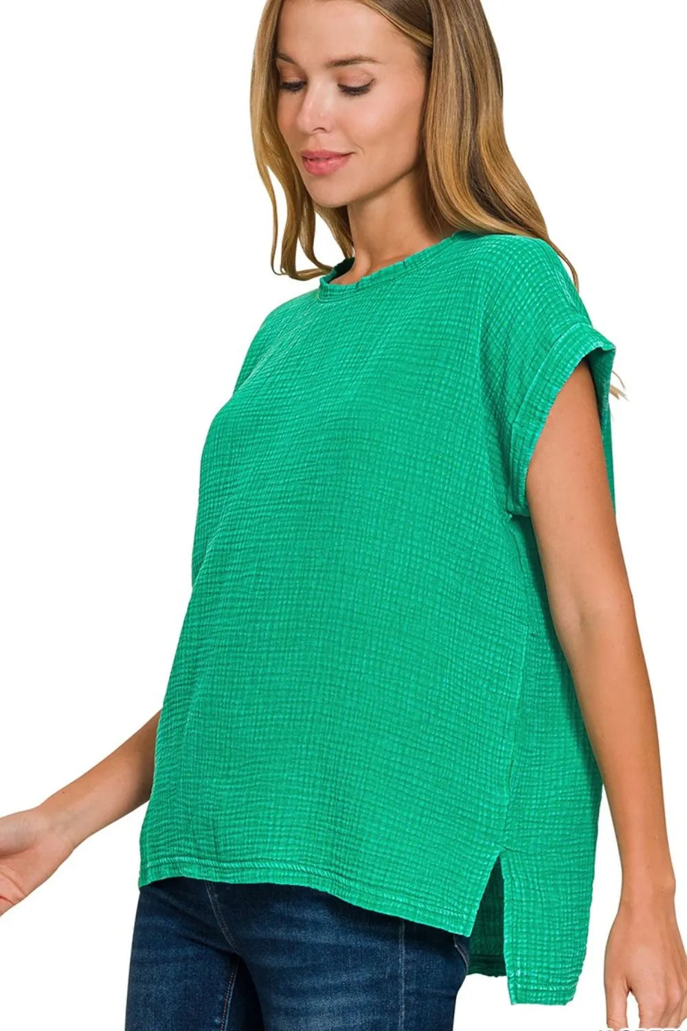 Image of Zenana Woven Double Gauze Acid Washed Short Sleeve Top | Queeble.shop