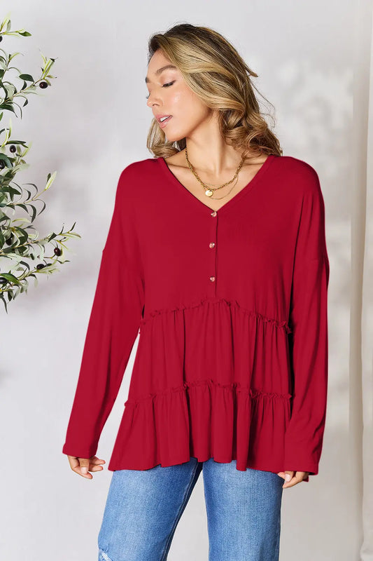 Image of Double Take Half Button Long Sleeve Ruffle Hem Blouse | Queeble.shop