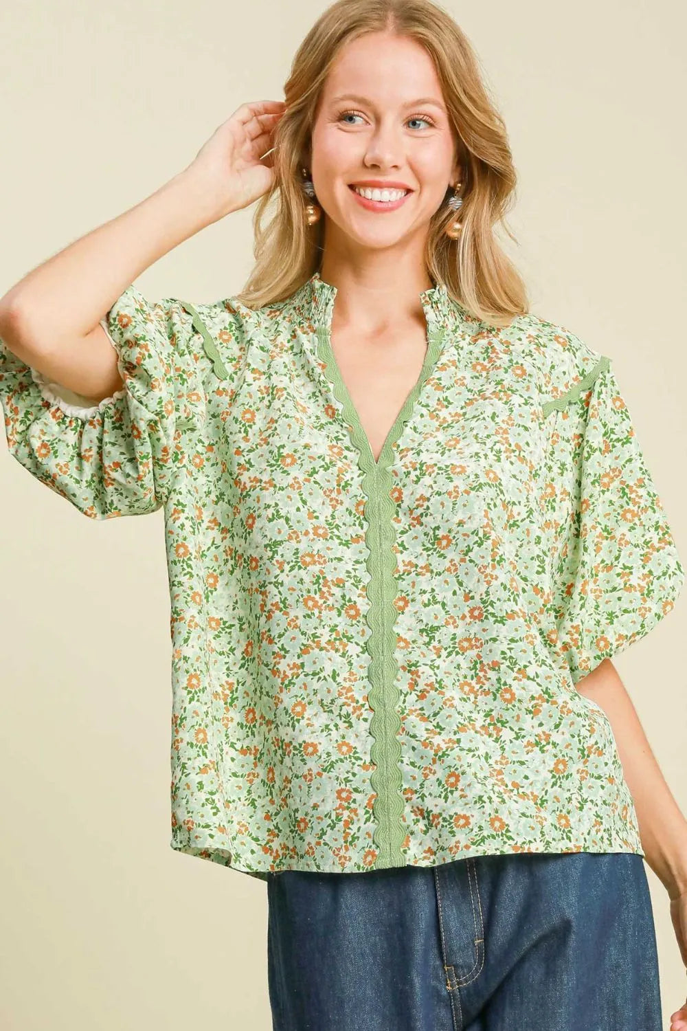 Image of Umgee Full Size Floral Print Puff Sleeve Top Plus Size | Queeble.shop