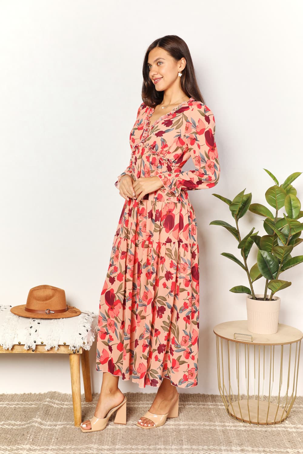 Image of Double Take Floral Frill Trim Flounce Sleeve Plunge Maxi Dress | Queeble.shop