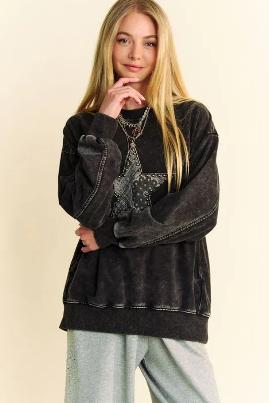Image of Davi & Dani Stud Star Patch Acid Washed Sweatshirt | Queeble.shop
