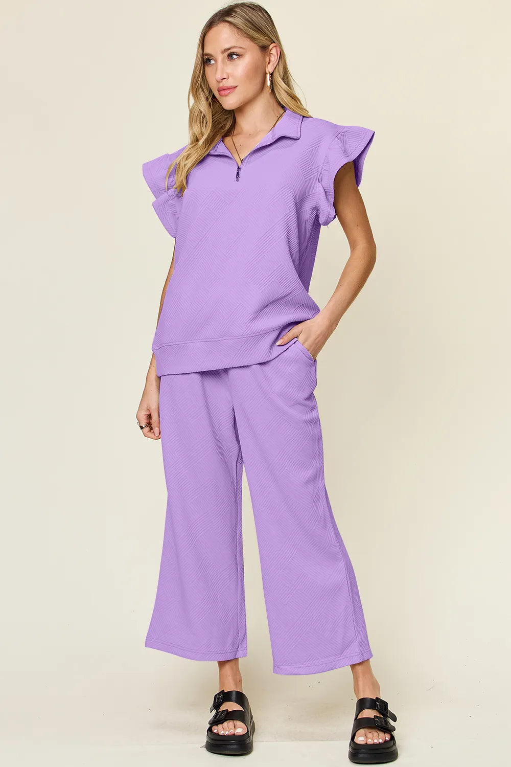 Image of Double Take Texture Ruffle Short Sleeve Top and Drawstring Wide Leg Pants Set | Queeble.shop