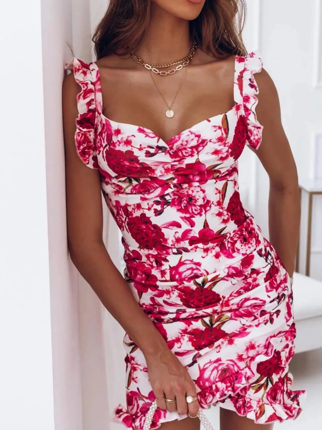 Image of Floral Ruffle Strap Sweetheart Neck Mini Dress | Queeble.shop