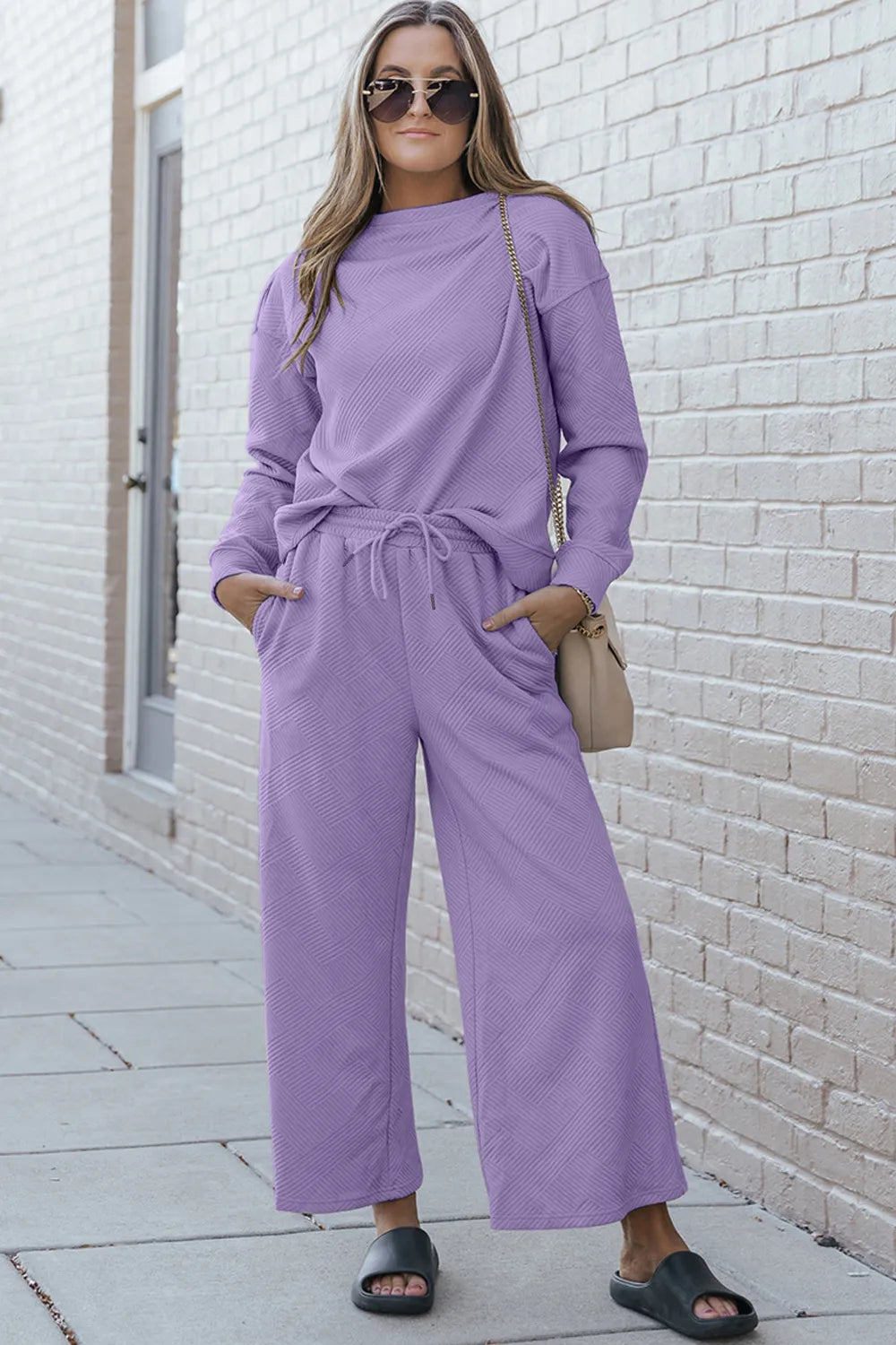 Image of Double Take Full Size Textured Long Sleeve Top and Drawstring Pants Set | Queeble.shop