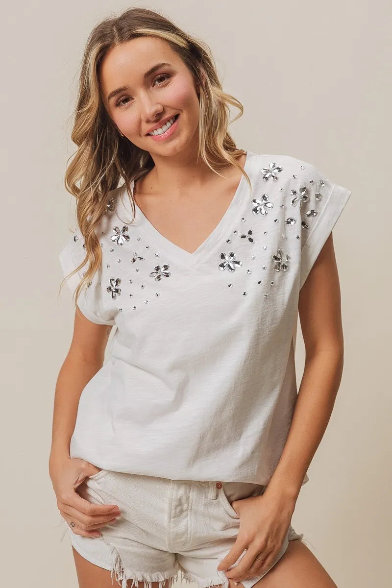 Image of BiBi Slub Jersey Rhinestone V Neck Top | Queeble.shop