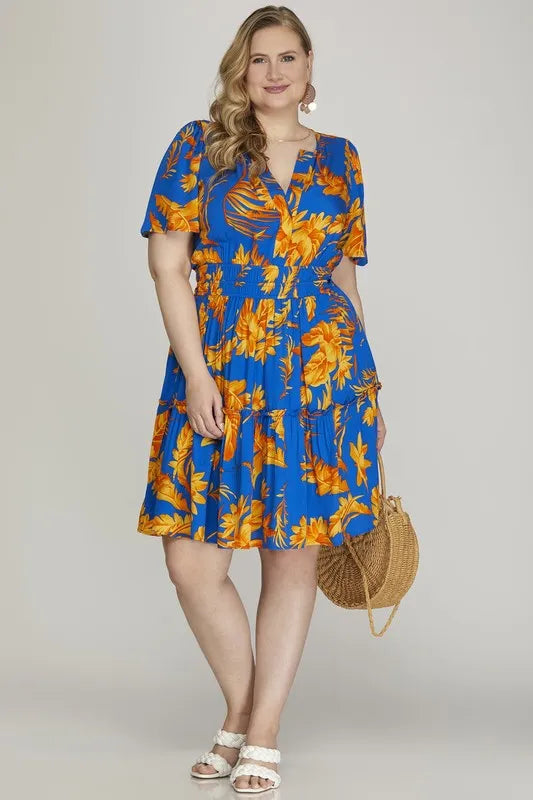 Image of She + Sky Full Size Printed Notched Short Sleeve Frill Tiered Dress Plus Size | Queeble.shop