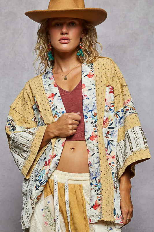 Image of POL Raw Edge Open Front Patchwork Cardigan with Floral Trim | Queeble.shop