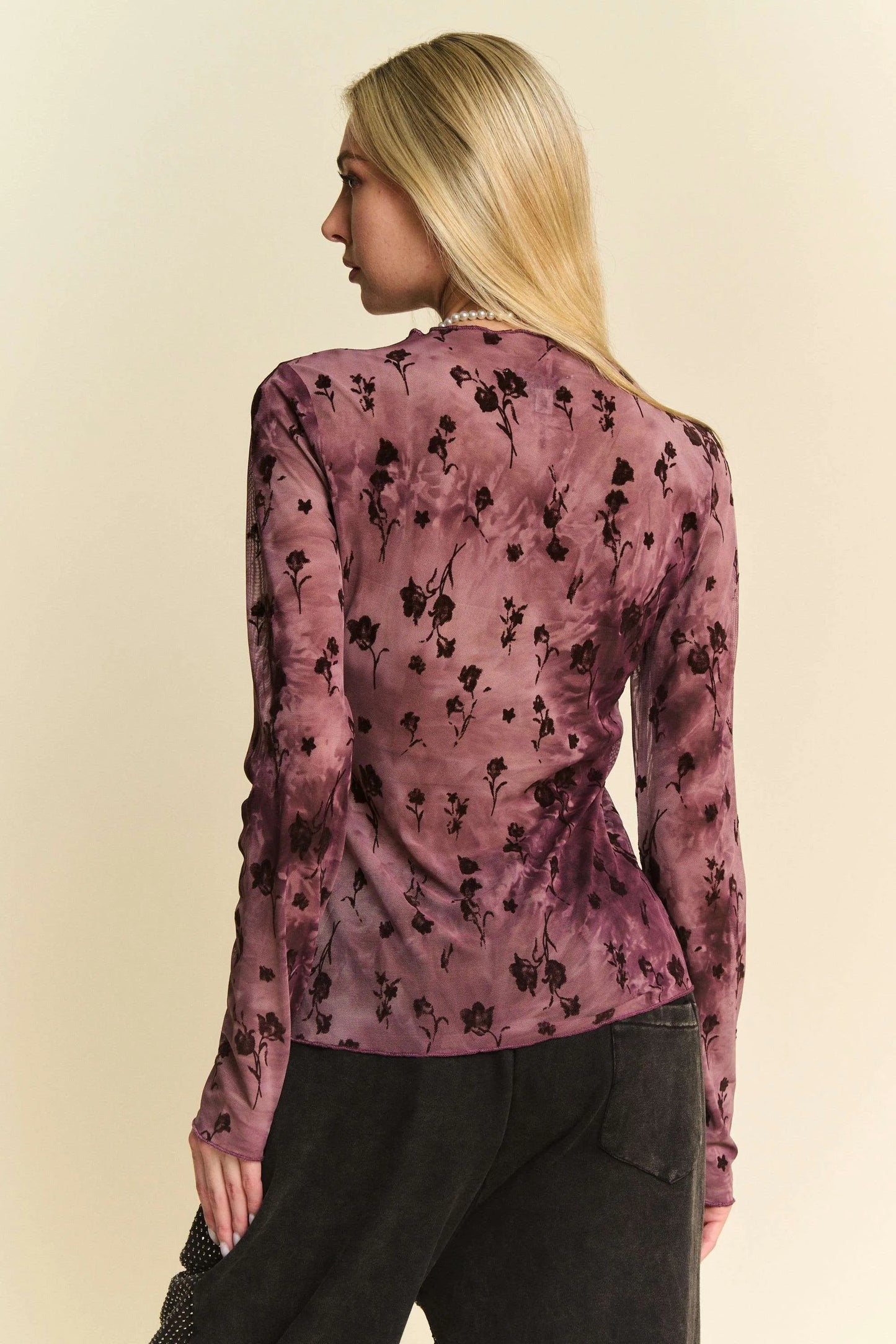 Image of Davi & Dani Floral Mesh Long Sleeve Sheer Layering Top | Queeble.shop