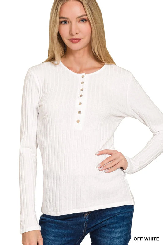 Image of Zenana Ribbed Long Sleeve Half Button Top | Queeble.shop