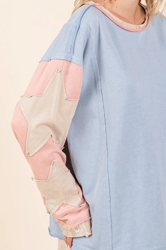 Image of Mittoshop Star Patch Long Sleeve Colorblock Mineral Wash Top | Queeble.shop