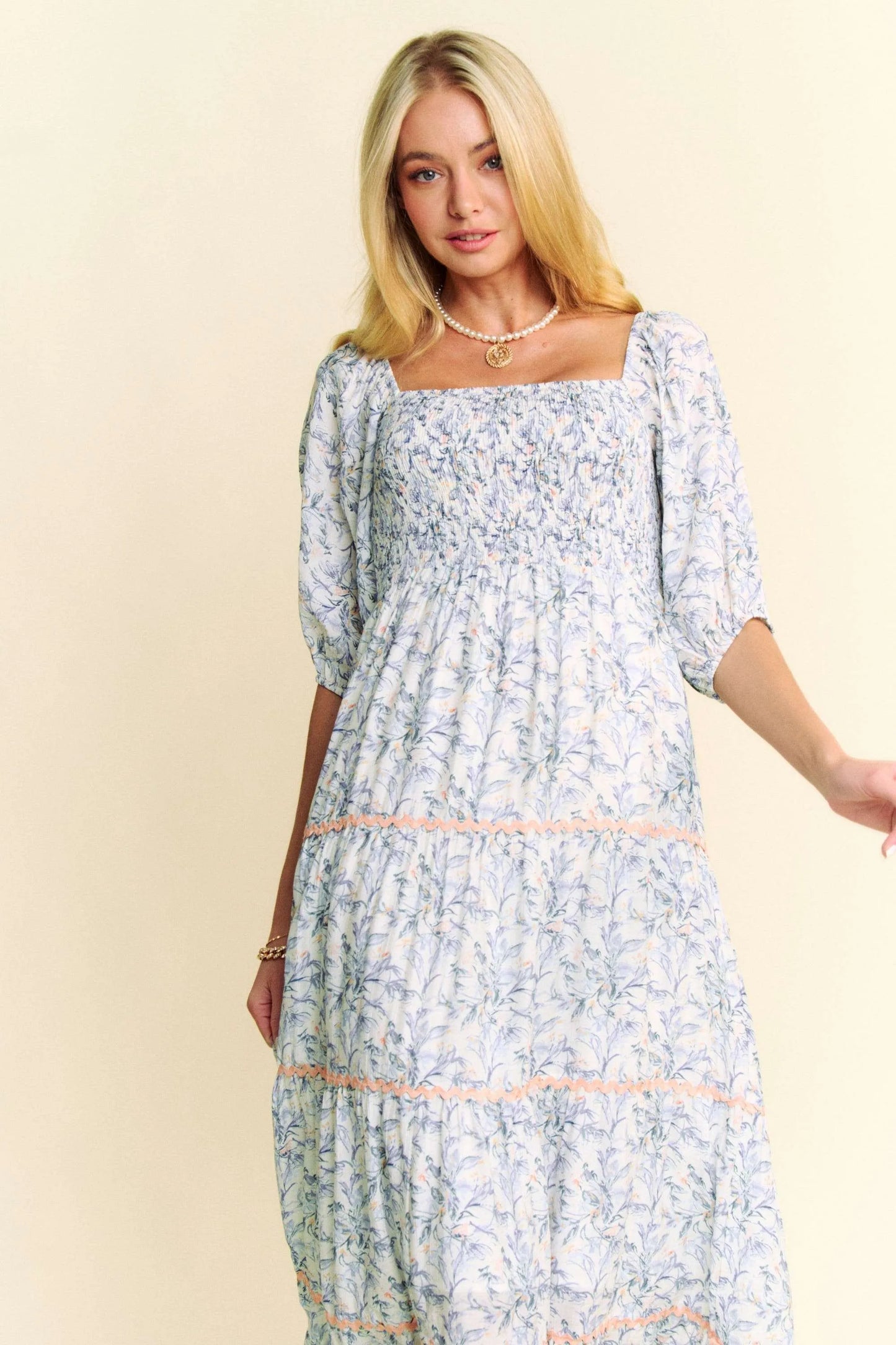 Image of Davi & Dani Contrast Ric Smocking Bodice Tiered Midi Dress | Queeble.shop