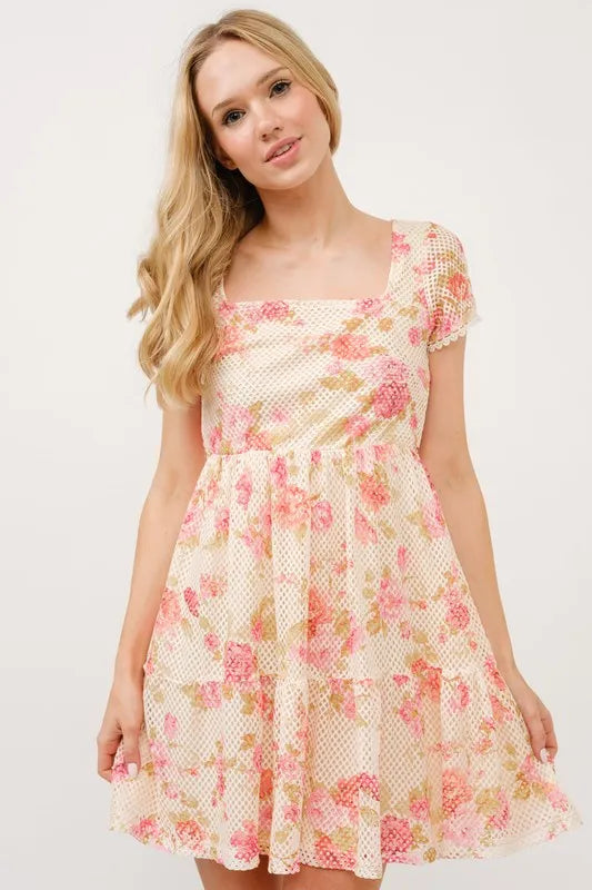 Image of And The Why Square Neck Tiered Floral Fishnet Dress | Queeble.shop
