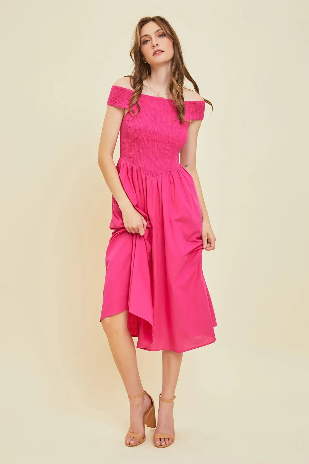 Image of HEYSON Off-Shoulder Smocked Midi Dress | Queeble.shop