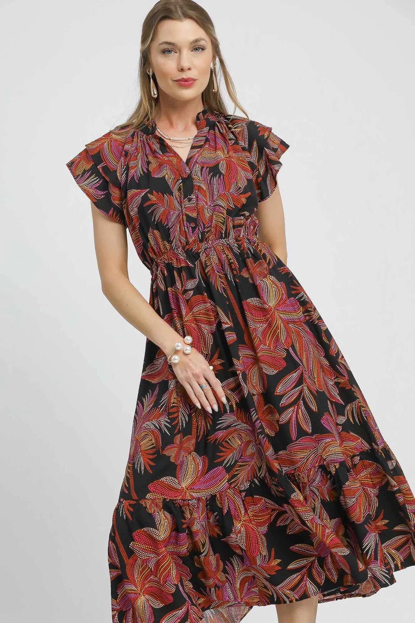 Image of Umgee Mix Ruffle Sleeve Tropical Midi Dress | Queeble.shop
