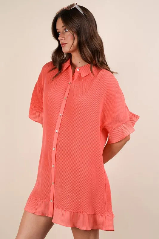 Image of VERY J Pleated Detail Button Down Mini Dress | Queeble.shop