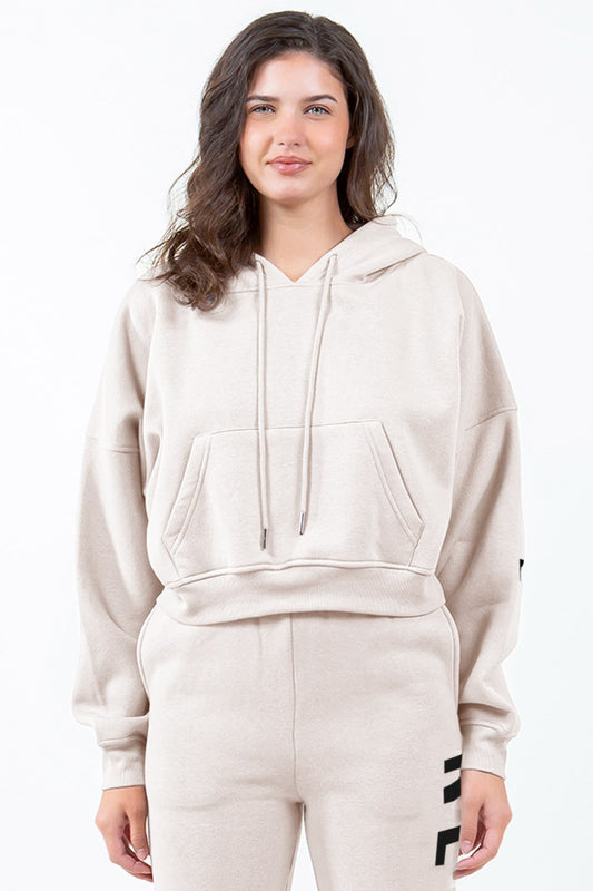 Image of American Bazi Letter Graphic Long Sleeve Drawstring Cropped Hoodie | Queeble.shop
