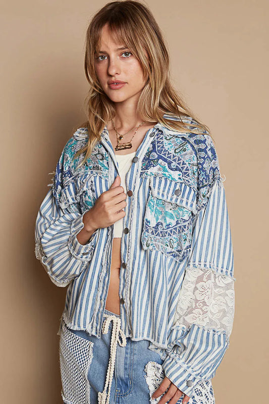 Image of POL Printed Woven Mix Raw Hem Jacket with Lace Detail | Queeble.shop